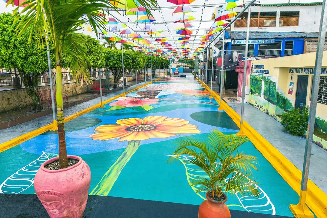 Calle pintada con arte en Bayaguana, Monte Plata. Foto por propeep.gob