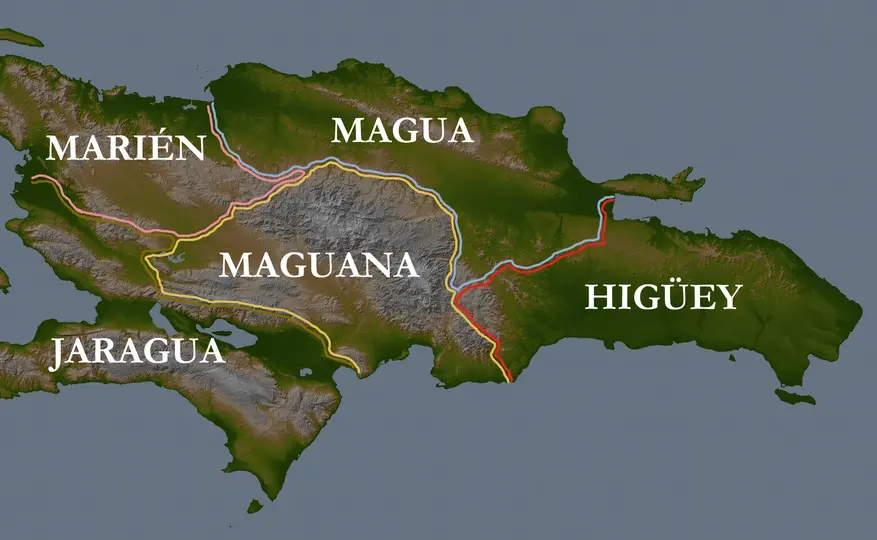 Mapa_de_la_isla_-_Cacicazgos | NOTICIARIO RD Mapa de los Cacicazgos donde se puede observar que la zona de la provincia de María Trinidad Sánchez pertenecía a Maguá. Imagen por wikipedia
