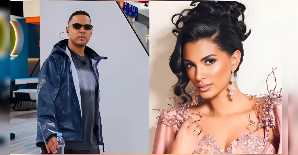 Split image: man in sunglasses and blue windbreaker holding a water bottle on the left; glamorous woman in a pink, bejeweled gown on the right with elaborate makeup and jewelry