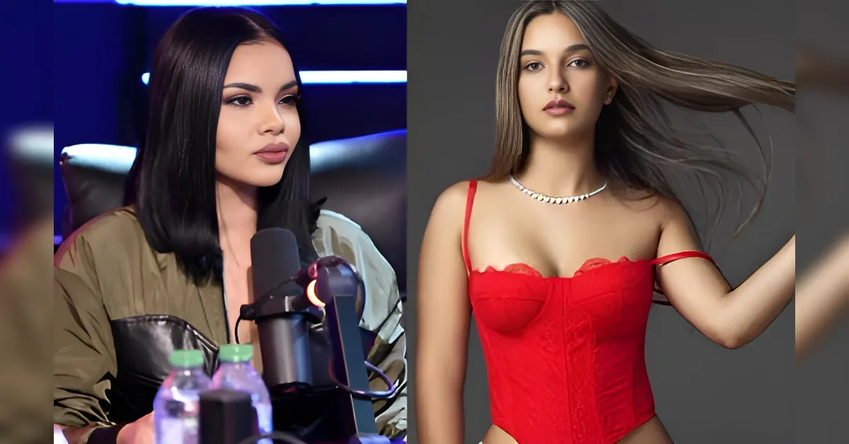 Split image: left shows a podcast guest in an olive jacket speaking into a microphone; right shows a model in a red corset with flowing hair.