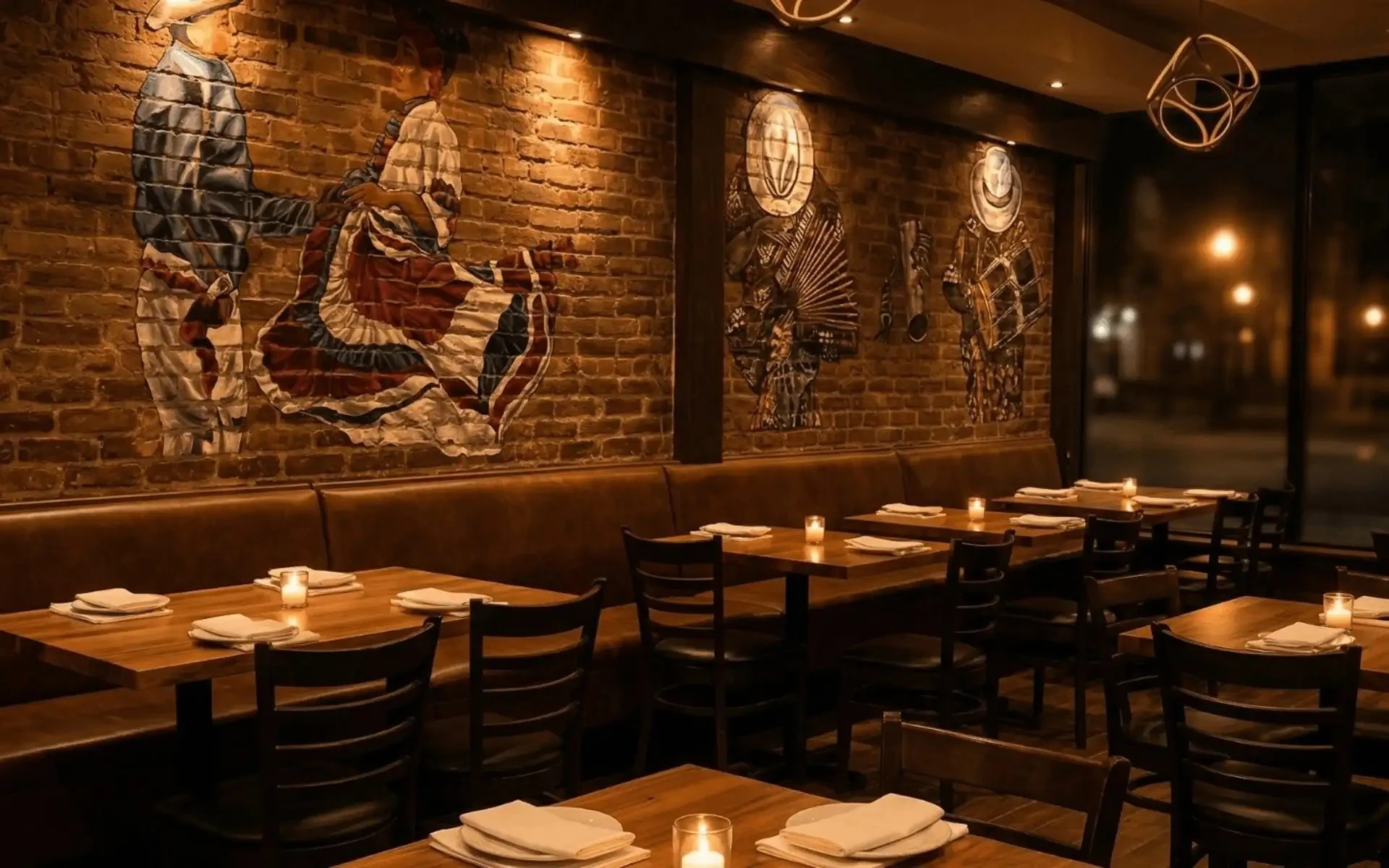 Cozy restaurant interior with brick walls, mural of dancers, booth seating, and candlelit tables set for diners.