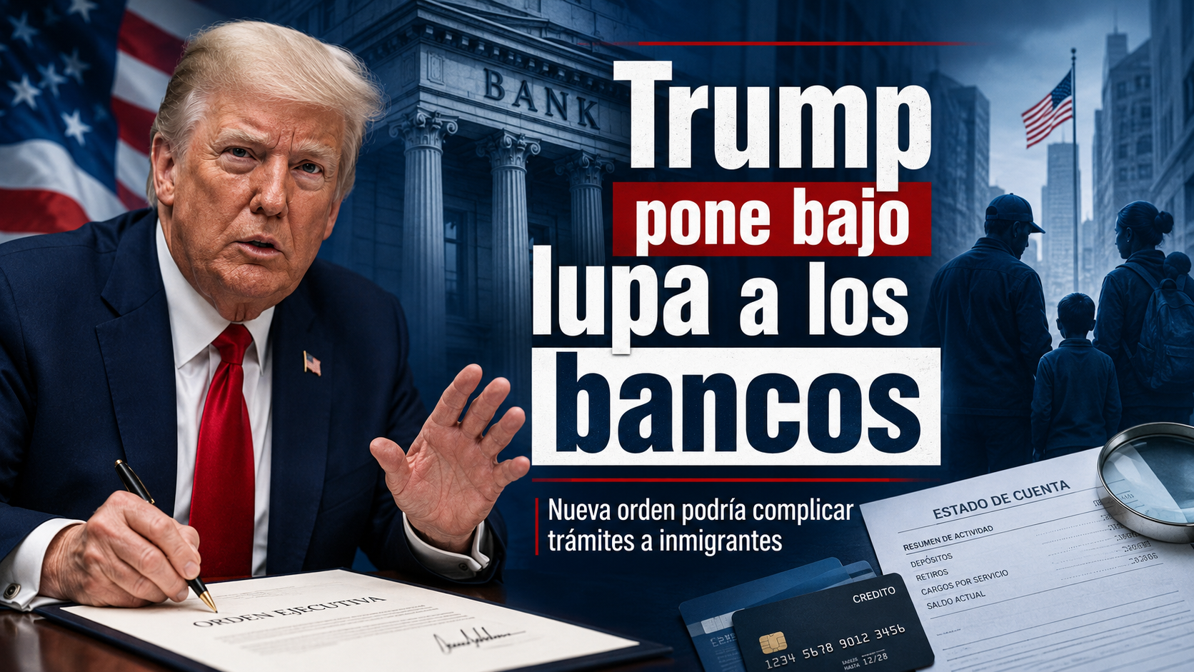 Montage político con una persona en traje firmando una orden, frente a un edificio bancario y titulares en español sobre bancos y migrantes.