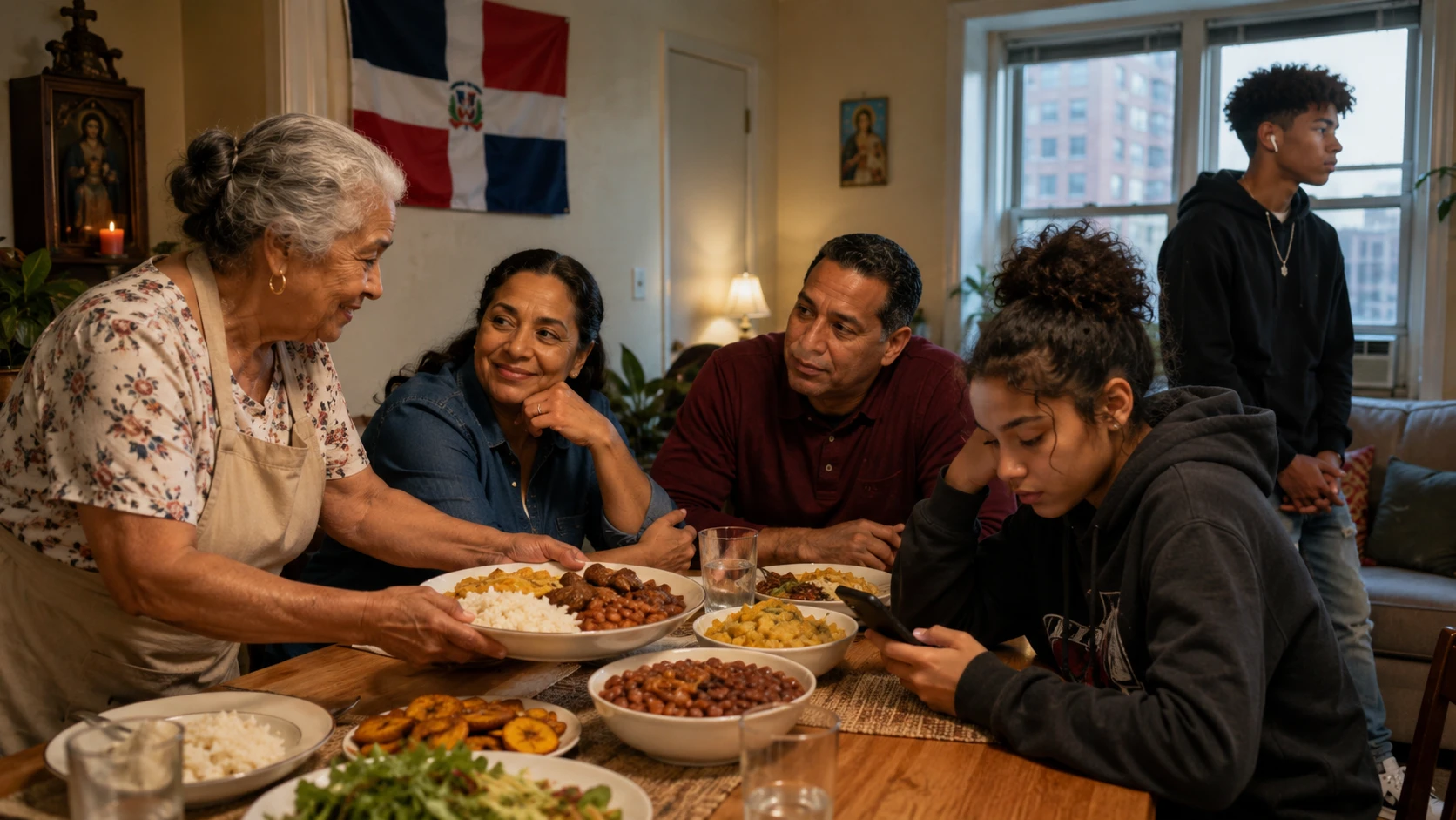 An elderly woman in an apron serves a family meal at a dining table while four relatives chat in a cozy living room with a Dominican flag on the wall in the background.