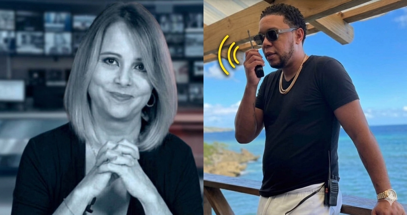 Split image: left a smiling woman with hands clasped, indoors; right a man in a black shirt using a handheld radio by the ocean.