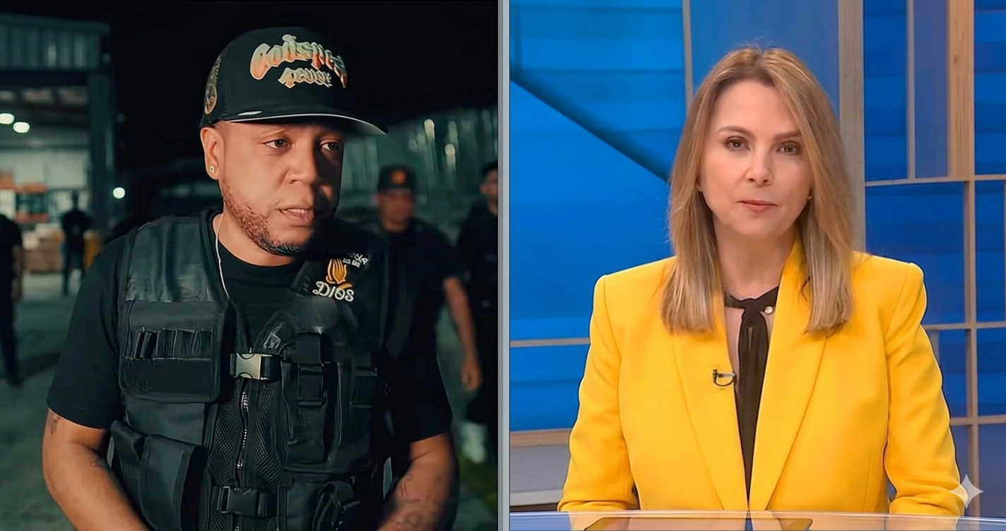 Split-screen: on the left, a man in a tactical vest being interviewed outdoors at night; on the right, a female news anchor in a yellow blazer inside a studio.