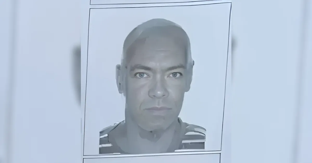 Mugshot-style illustration of a bald man with a striped shirt, facing forward inside a framed panel.