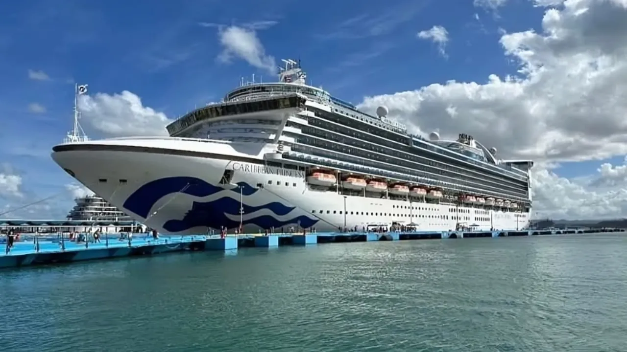 Large white cruise ship moored at a pier, calm blue water and a bright sky in the background.