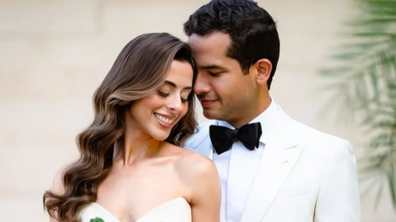 Bride and groom in wedding attire sharing a tender moment outdoors with smiles on their faces.