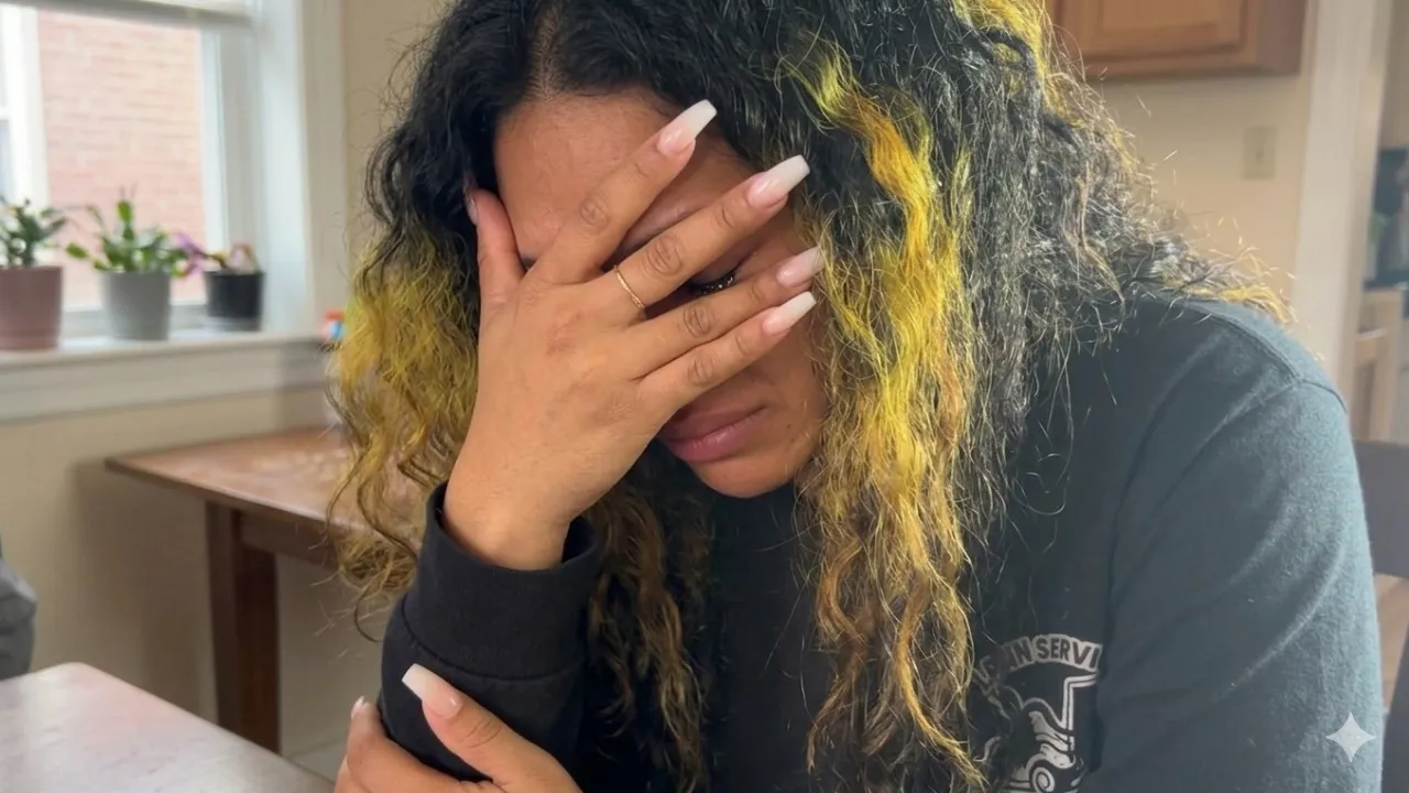 Person with long wavy hair, yellow-tipped ends, covers their face with a hand while seated at a kitchen table in a bright room.
