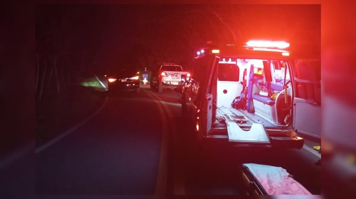 Ambulance with flashing red lights on a dark road, rear doors open and a stretcher inside, as responders handle a nighttime emergency behind.