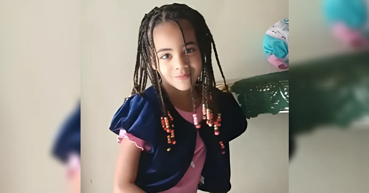 Smiling young girl with braided hair wearing a pink shirt and navy cardigan indoors, looking at the camera.