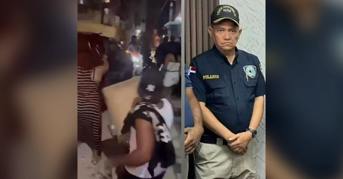 Split screen: left shows a crowded nighttime street with people; right shows a man in a navy security uniform with patches and a cap.