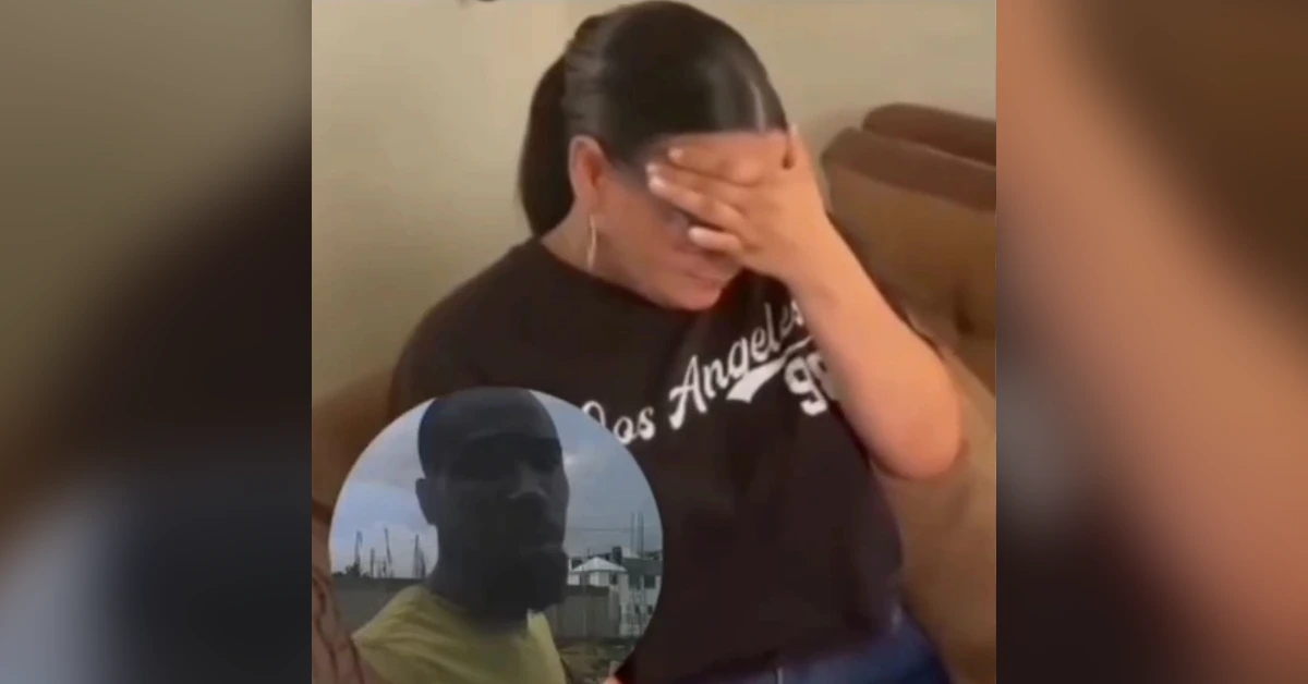 Woman sits on a couch with her hand over her face, appearing upset or overwhelmed; a circular inset shows a man in a yellow shirt wearing a cap.