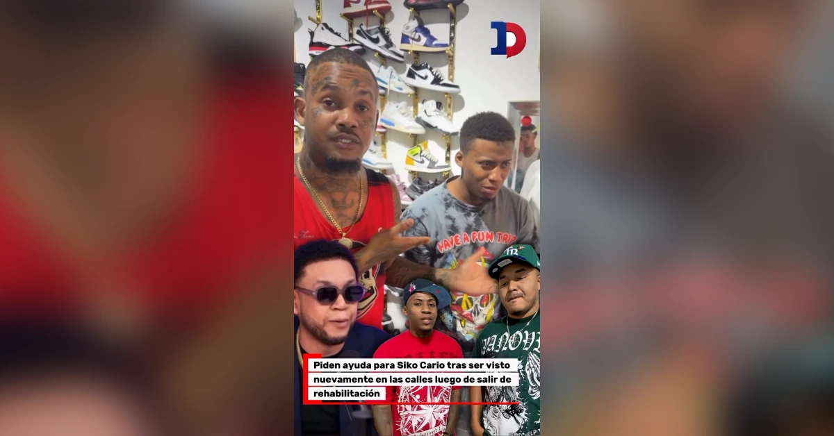 Group photo inside a sneaker shop with several men posing in front of shelves full of shoes, a small logo in the top-right corner, and a news caption at the bottom about Siko Cario seeking help after reappearing on the streets post‑rehab.
