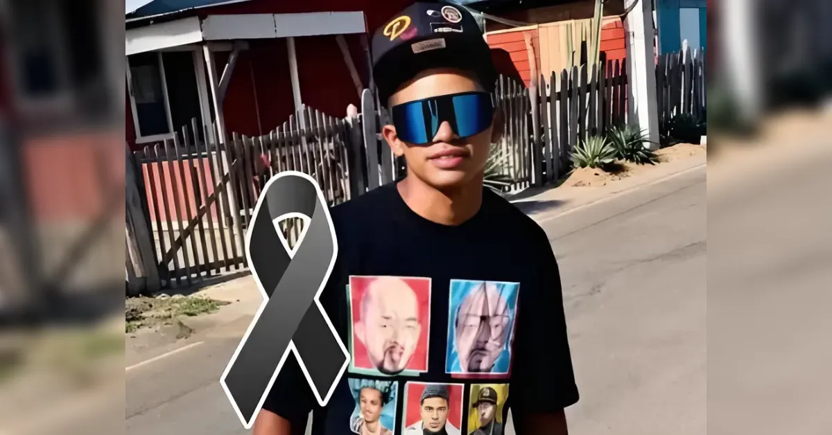 Young person in a black shirt and cap stands on a residential street, with a large gray awareness ribbon overlay and mirrored sunglasses.