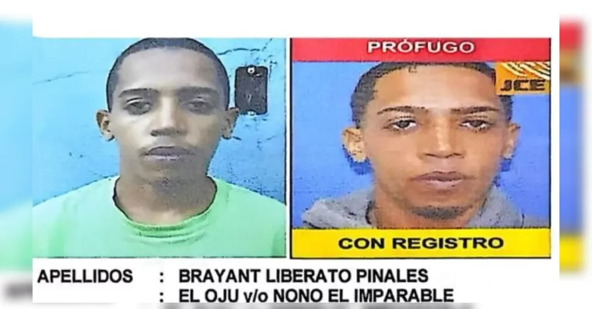 Split mugshot of two men; left: man in a green shirt against a blue wall, right: man with a red top banner reading 'PRÓFUGO' and a yellow 'CON REGISTRO' label, with Spanish caption listing surnames and details.