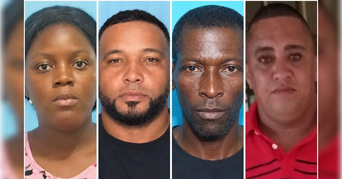 Collage of four mugshots: a woman on the left and three men in the center and right, each against a blue background.