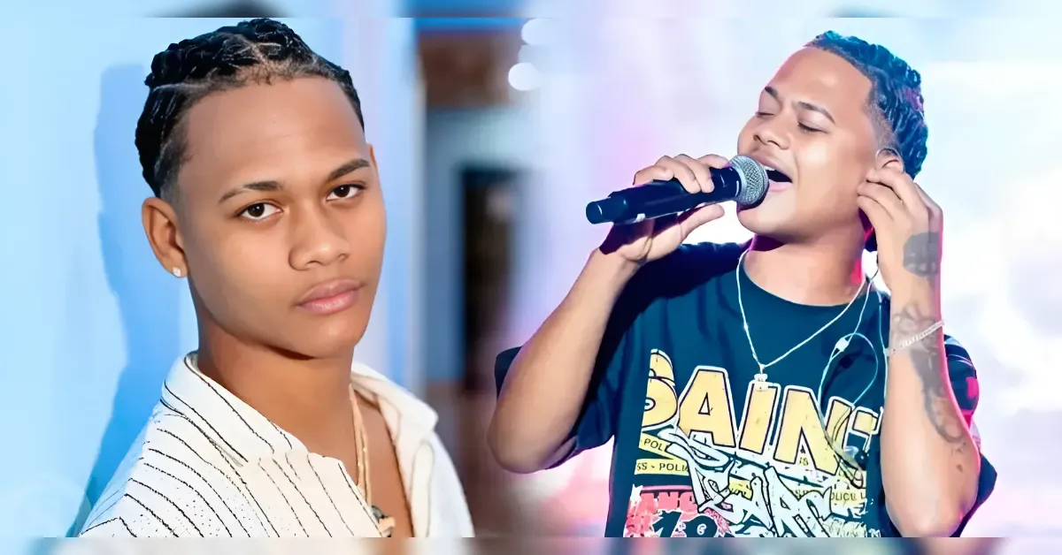 Split image of a young man: left side a calm portrait in a striped shirt against a blue background; right side him singing into a microphone wearing a graphic tee.