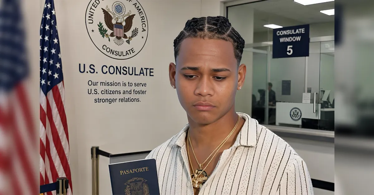 Young woman or man at a U.S. consulate holding a passport, standing next to an American flag with the consulate sign in the background.