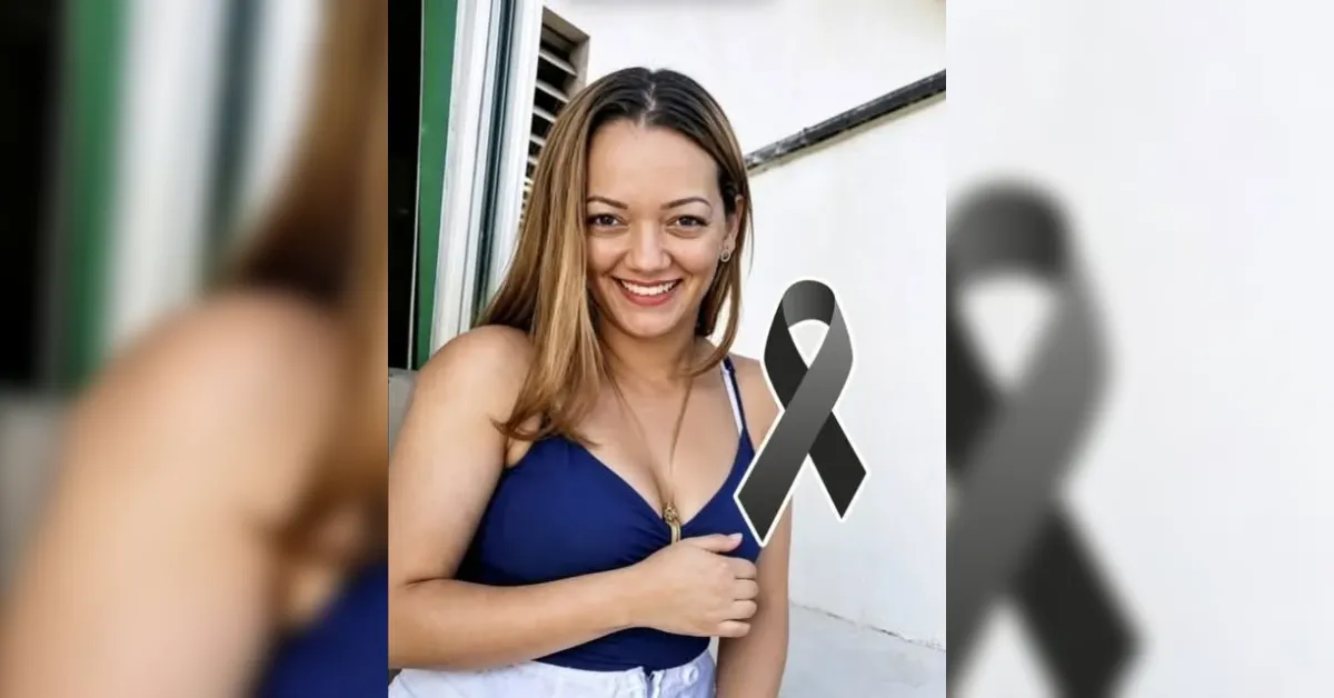 Smiling woman in a blue sleeveless top posing outdoors beside a white wall, with a gray awareness ribbon graphic overlay.
