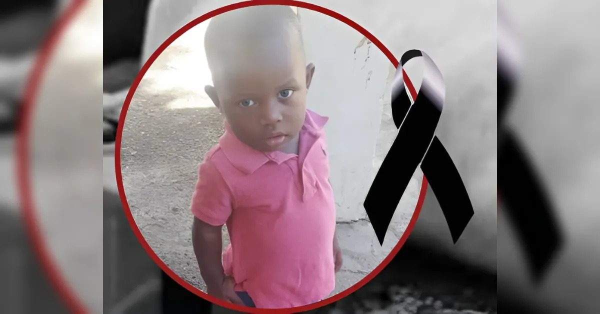 Young child in a pink shirt inside a red circular frame with a black awareness ribbon, signaling remembrance or support for a cause.