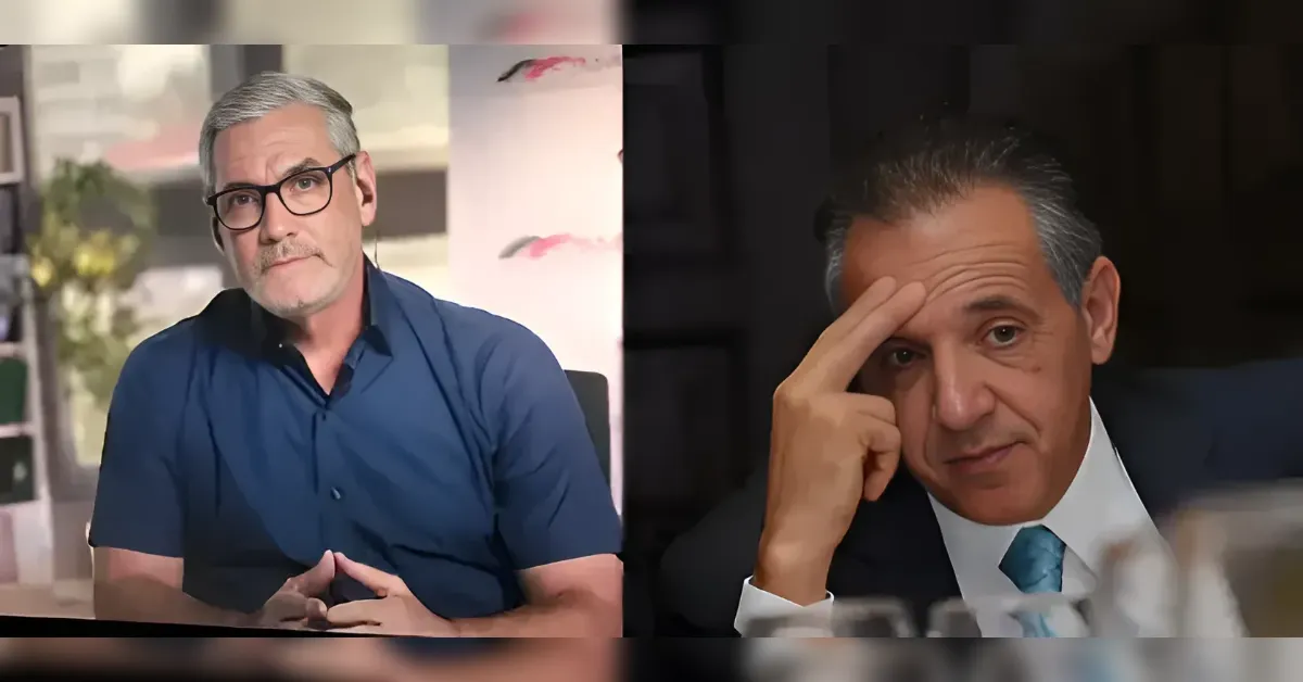 Two men appear in a split-screen layout: left man in a blue shirt with hands clasped, right man in a suit touching his temple in thought