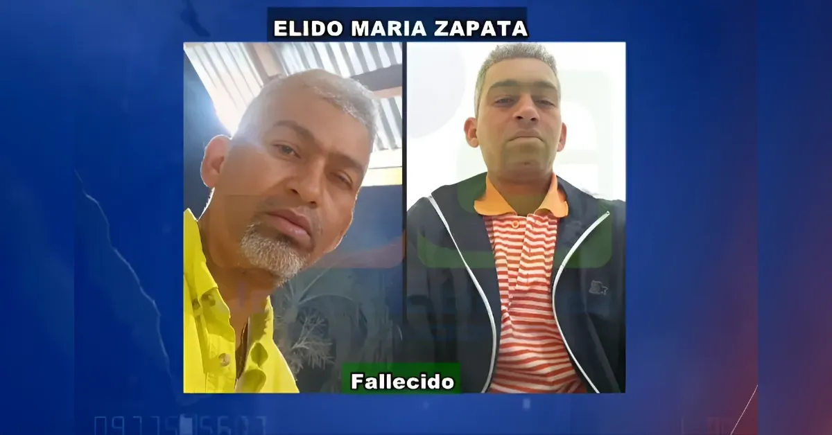 Graphic memorial showing two photos of a man, with the word 'Fallecido' at the bottom indicating death, and a blue background as a news broadcast frame (no identifying the person).