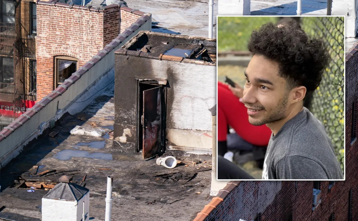Rooftop with fire damage and debris; an inset photo shows a smiling man in a gray T-shirt.