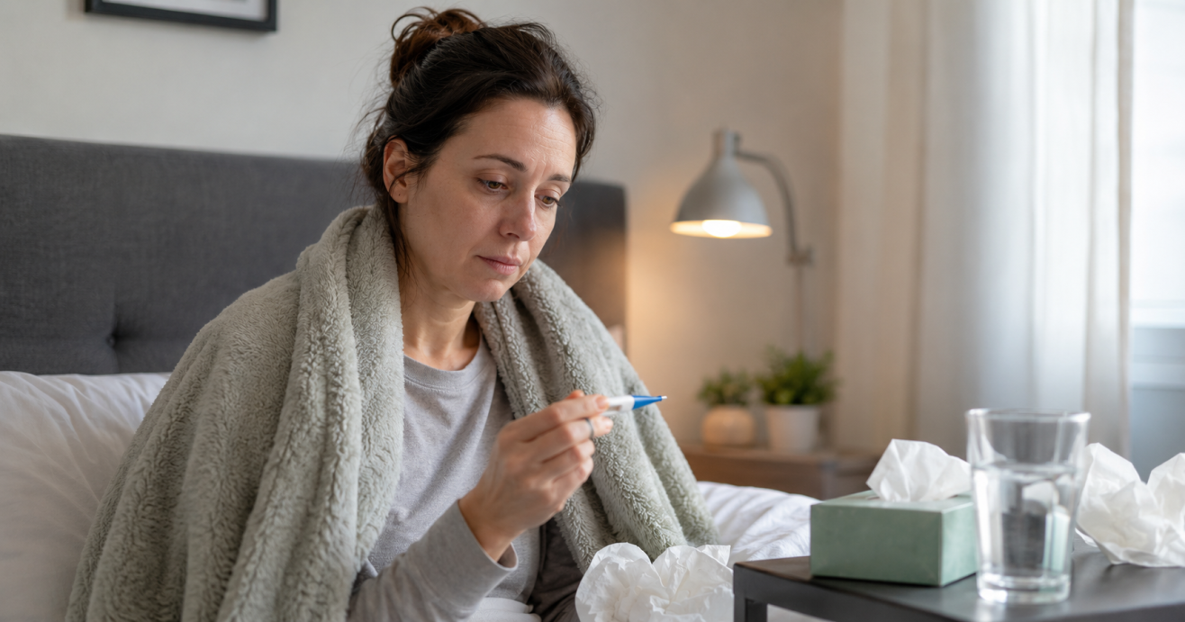 Woman in bed wrapped in a fluffy blanket, holding a thermometer and looking tired at home.