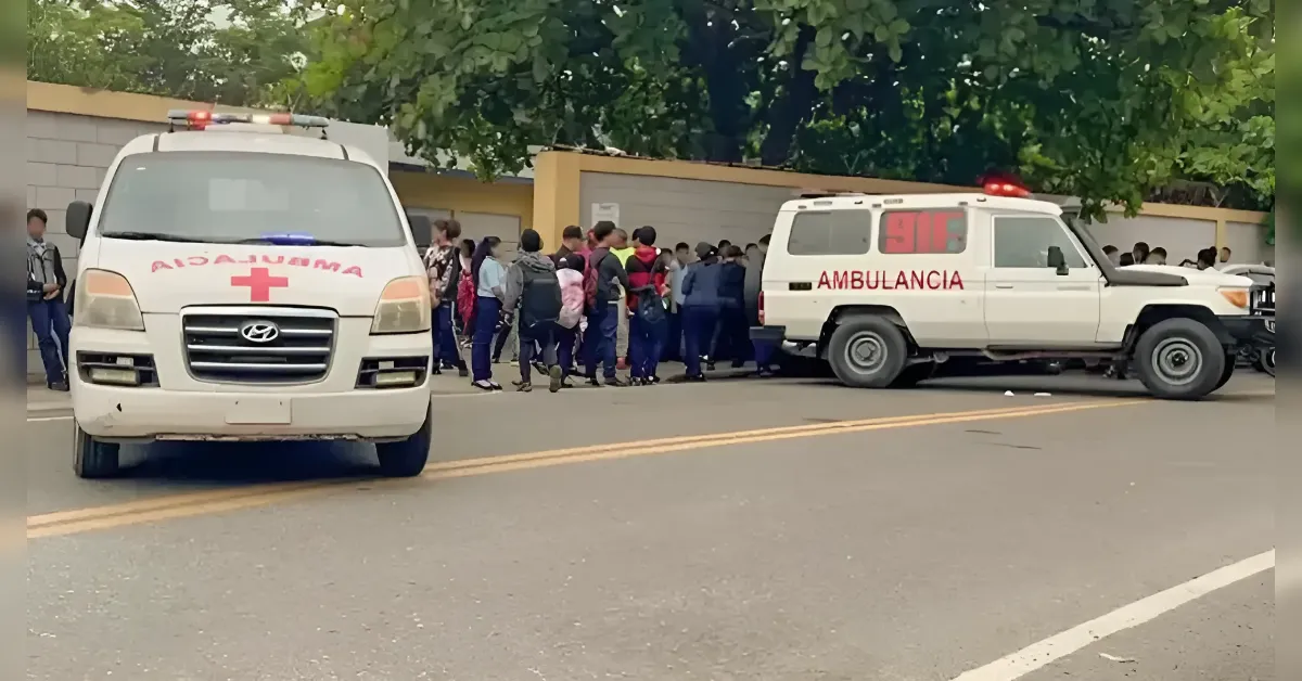 White ambulances on a road as a crowd of students in blue uniforms gathers nearby.] }