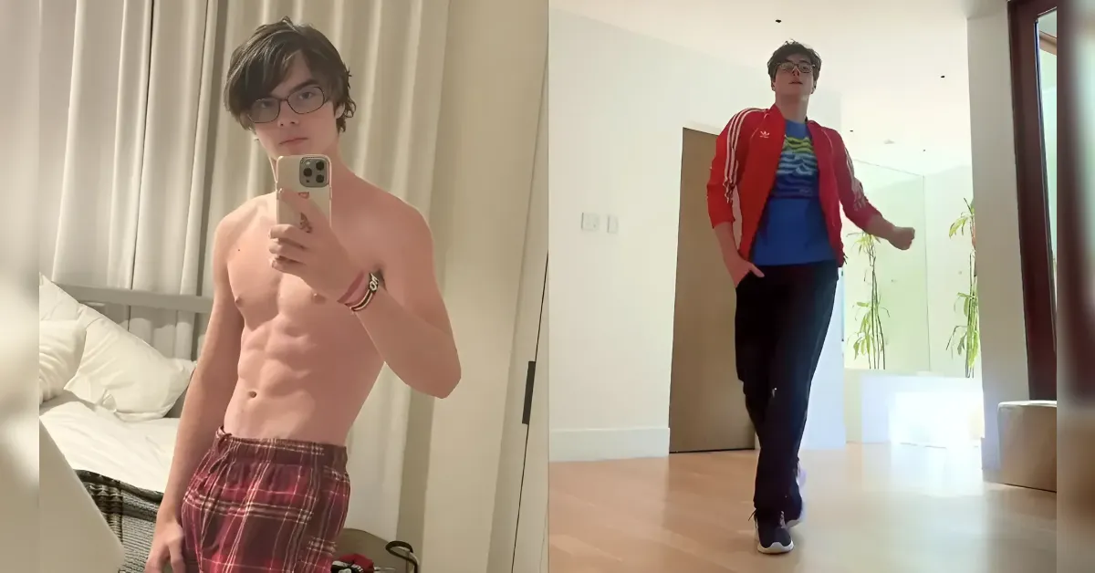 Two-panel image: left shows a shirtless man with glasses taking a mirror selfie in a bedroom; right shows the same person walking in a bright hallway wearing a red Adidas jacket and blue shirt with dark pants and sneakers.