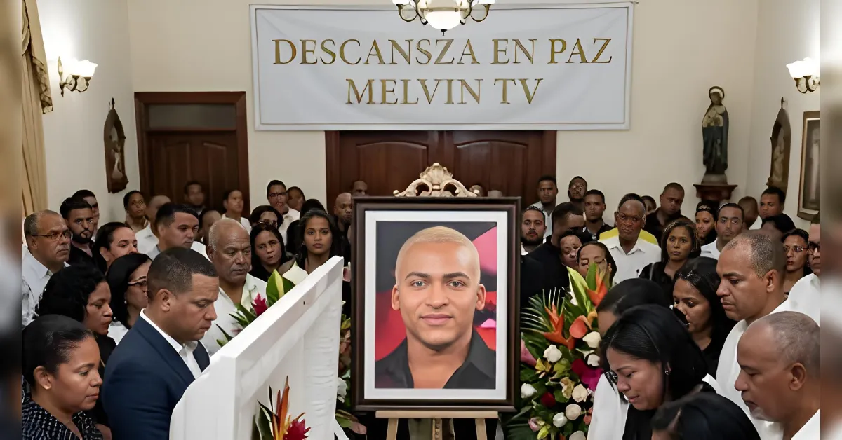 Framed portrait of a young man at a crowded funeral, with a draped white casket and colorful flowers nearby, banner above reads 'Descansa en paz Melvin TV'