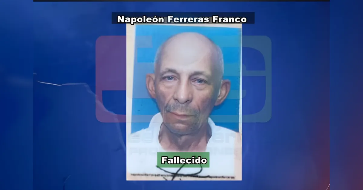 Portrait of an older man with short gray hair; top caption says 'Napoleón Ferreras Franco', bottom caption reads 'Fallecido'.