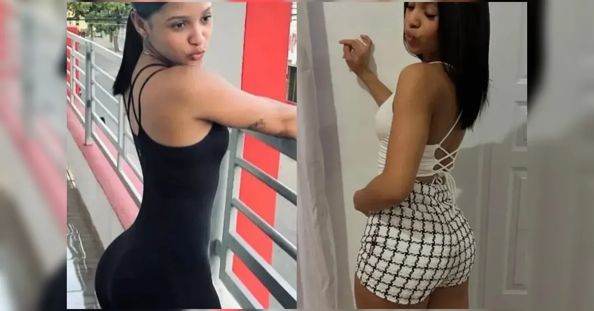 Two women posing in different outfits side by side: left in a black bodycon dress on a balcony, right in a white lace-up top with patterned white shorts indoors.