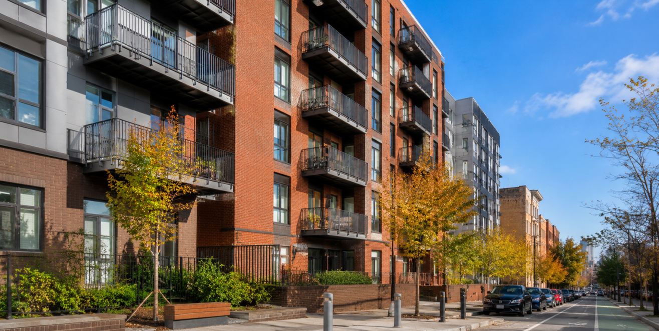 Urban street with brick apartment building, balconies, and fall foliage along a tree-lined sidewalk under a blue sky.
