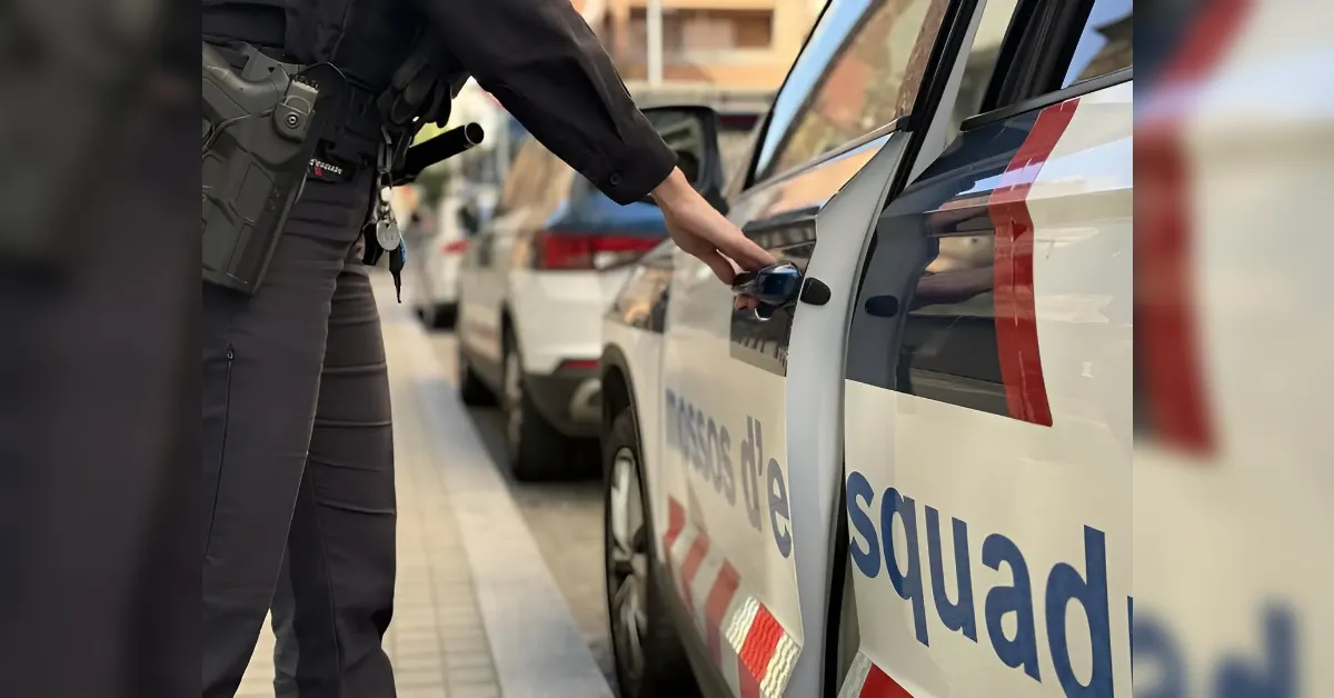 Police officer opening the door of a squad car on a city street at daybreak light.