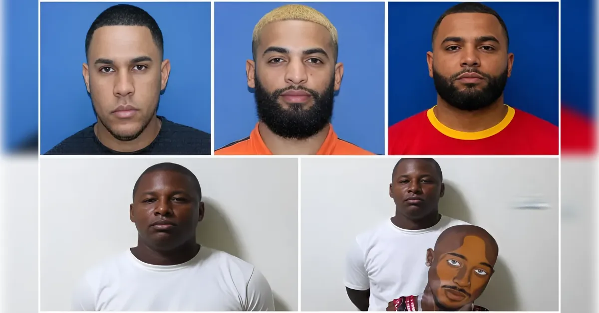Collage of five mugshots: three men on the top row against blue backgrounds and two men on the bottom row against light walls.