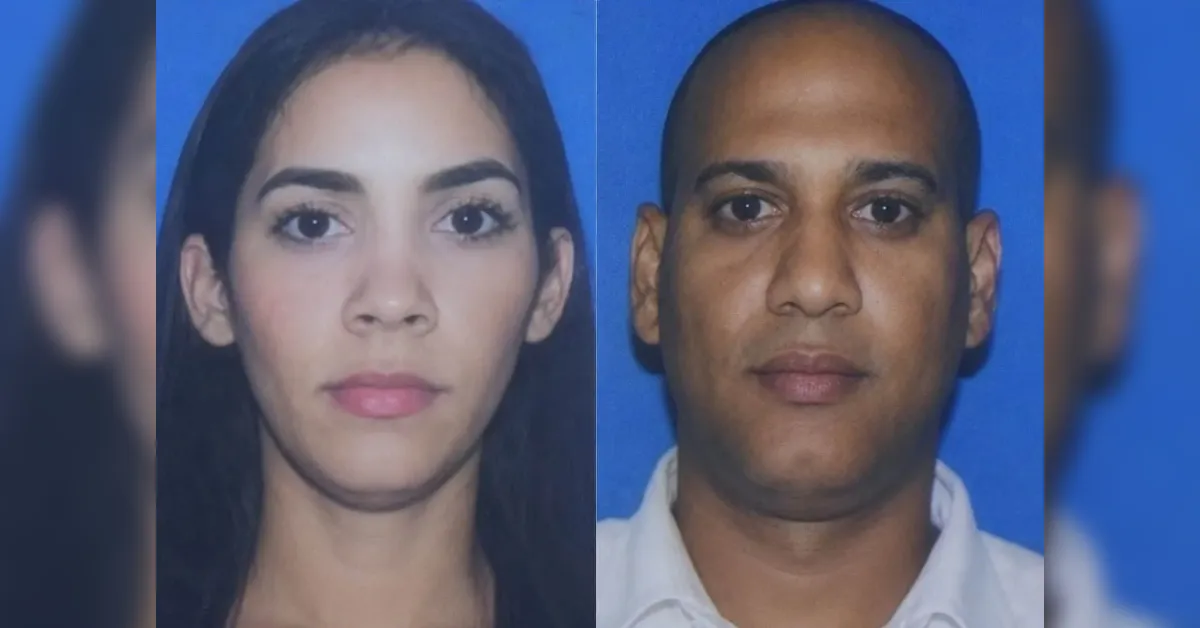 Two side-by-side portraits: a young woman on the left and a man on the right, both with blue backgrounds.