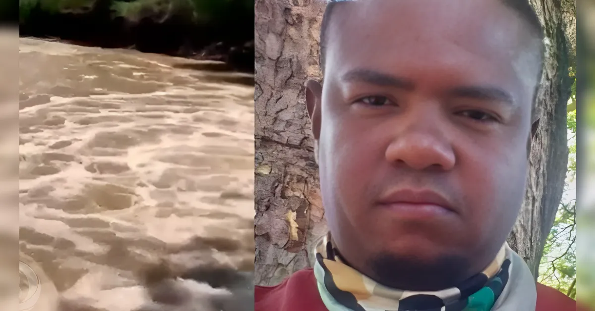Split image: fast-moving river on the left and a man with a colorful scarf in front of a tree on the right.