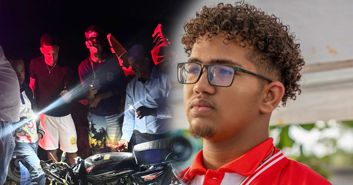 Split image: group of men around a motorcycle at night on the left, and a young man with curly hair and glasses in a red polo on the right.