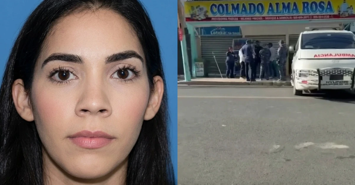 Left panel shows a close-up of a woman with dark hair; right panel shows a street scene with an ambulance and people outside a store named Colmado Alma Rosa.