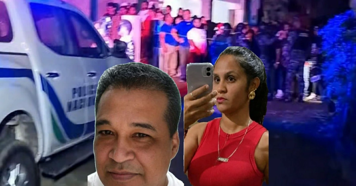 Montage of a man and a woman in the foreground taking a selfie, with a police van and a crowd at night in the background.