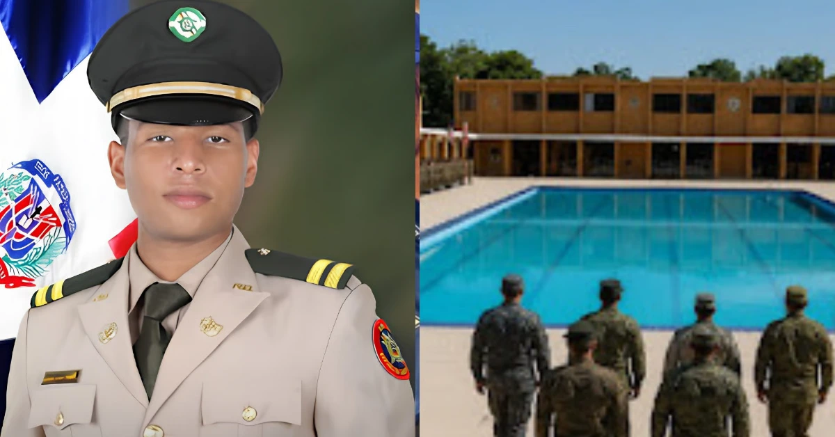 Left: portrait of a military officer in dress uniform with insignia; right: soldiers facing a large outdoor pool at a training base.