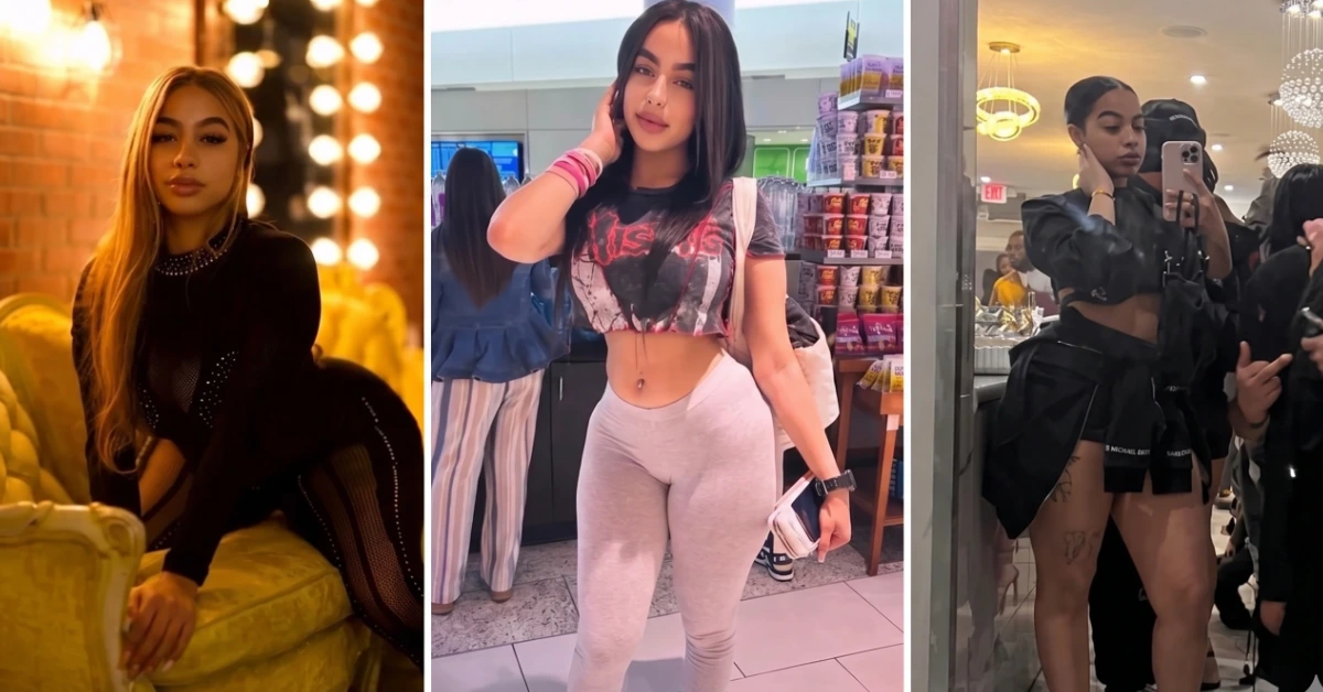 Three-panel collage of a woman posing in different outfits: left in a black bodysuit, middle in a crop top with gray leggings at a store, right in a black two-piece taking a mirror selfie.