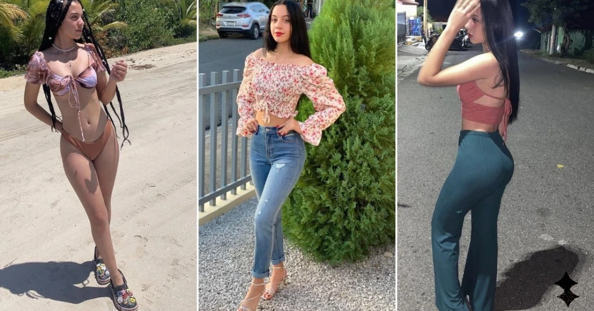 Triptych of three women modeling outfits: left in a pink bikini on a beach, center in a floral off‑the‑shoulder crop top with jeans, right in a backless pink crop top with teal pants on a street