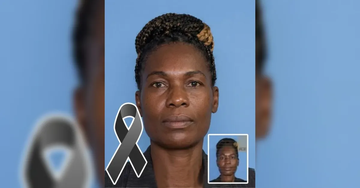 Portrait of a woman with braided hair against a blue backdrop, with a large black memorial ribbon overlay and a small inset photo.