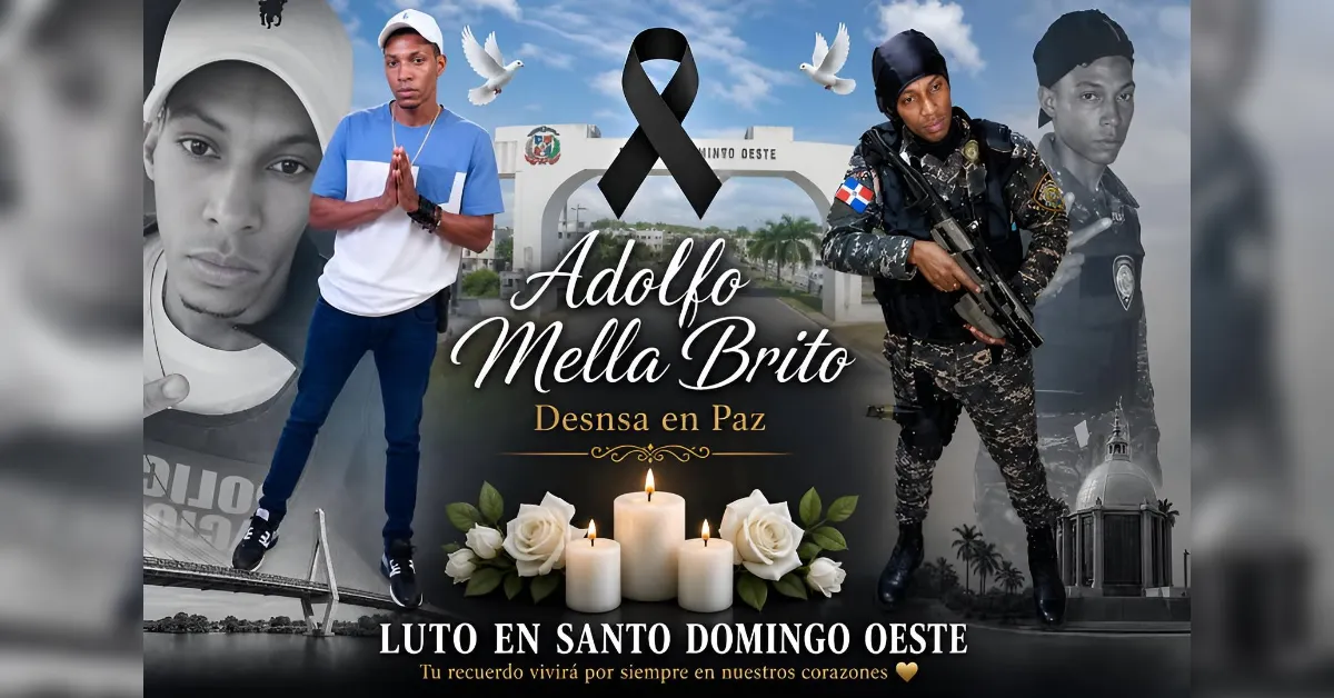 Memorial collage with candles and white roses, doves, and a black ribbon; features a civilian man and a soldier, with Spanish mourning text in the center/foreground.