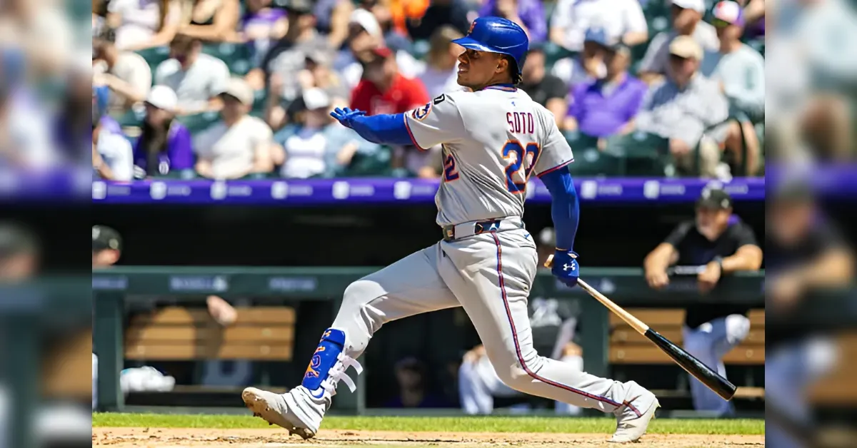 Baseball batter Soto (No. 22) swinging a bat during a game with a crowd in the stands behind him.