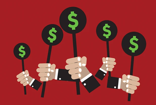 Several hands in business attire raise poles topped with green dollar signs, symbolizing collective funding or financial support.