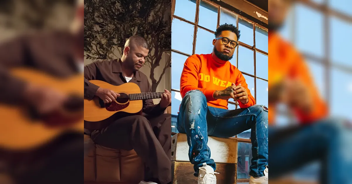Left panel shows a man in a brown shirt playing an acoustic guitar; center panel features a man in an orange sweatshirt and ripped jeans posing by a large grid window.